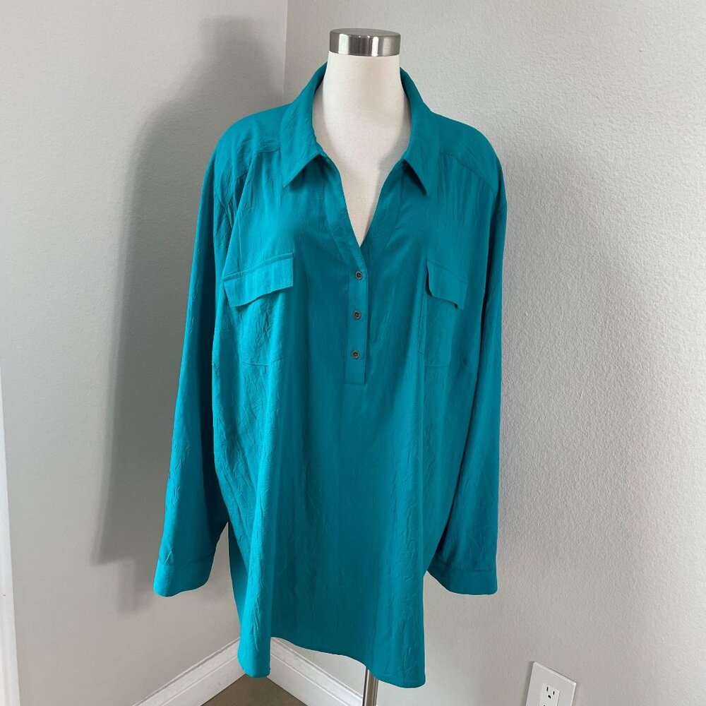 Maggie Barnes Catherines Womens Plus 5X Teal Crinkled Blouse Roll Tab Sleeve Top